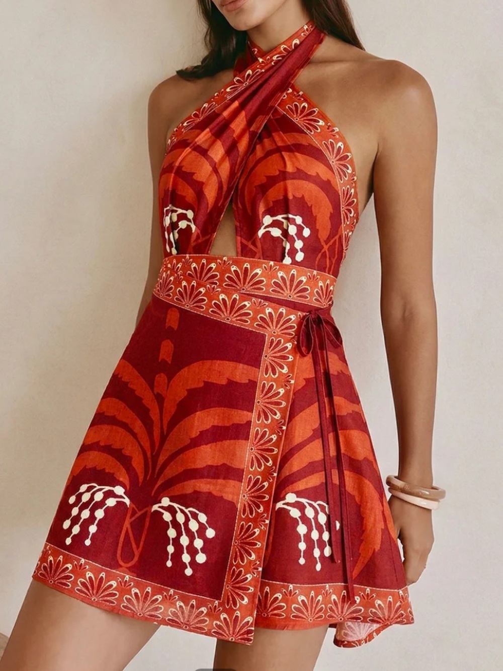 Commense Orange-Red Tropical Print Halter Wrap Mini Dress Size XL